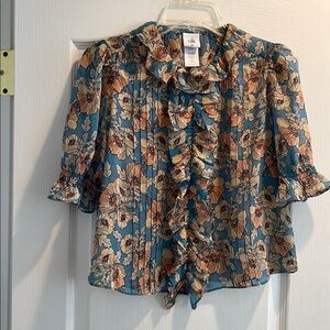 CAbi Brown and Blue Ruffled Bib Collar Blouse